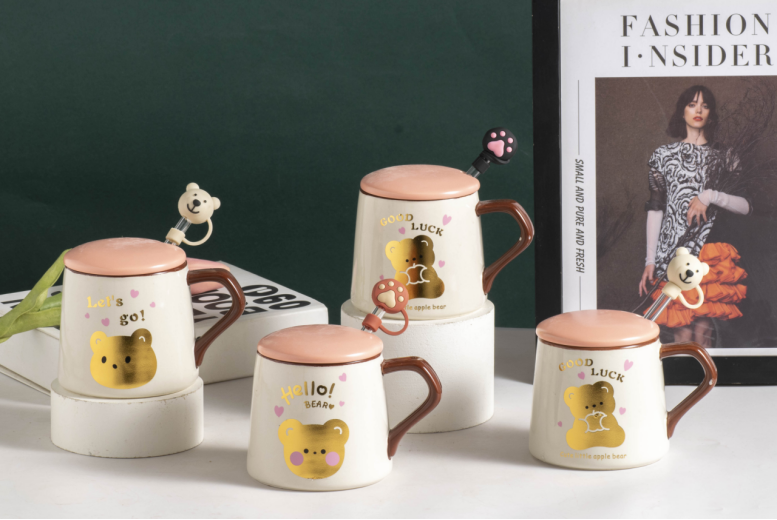 Korean Cartoon Cute Ceramic Mug With Covered Spoon Male And Female Students School Breakfast Water Mug