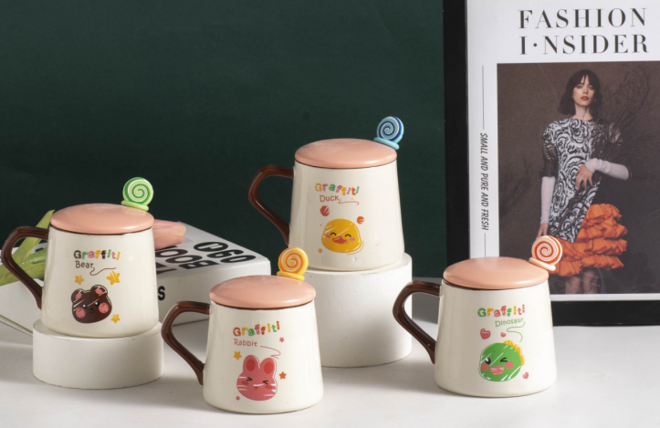Korean Cartoon Cute Ceramic Mug With Covered Spoon Male And Female Students School Breakfast Water Mug Specification drawing