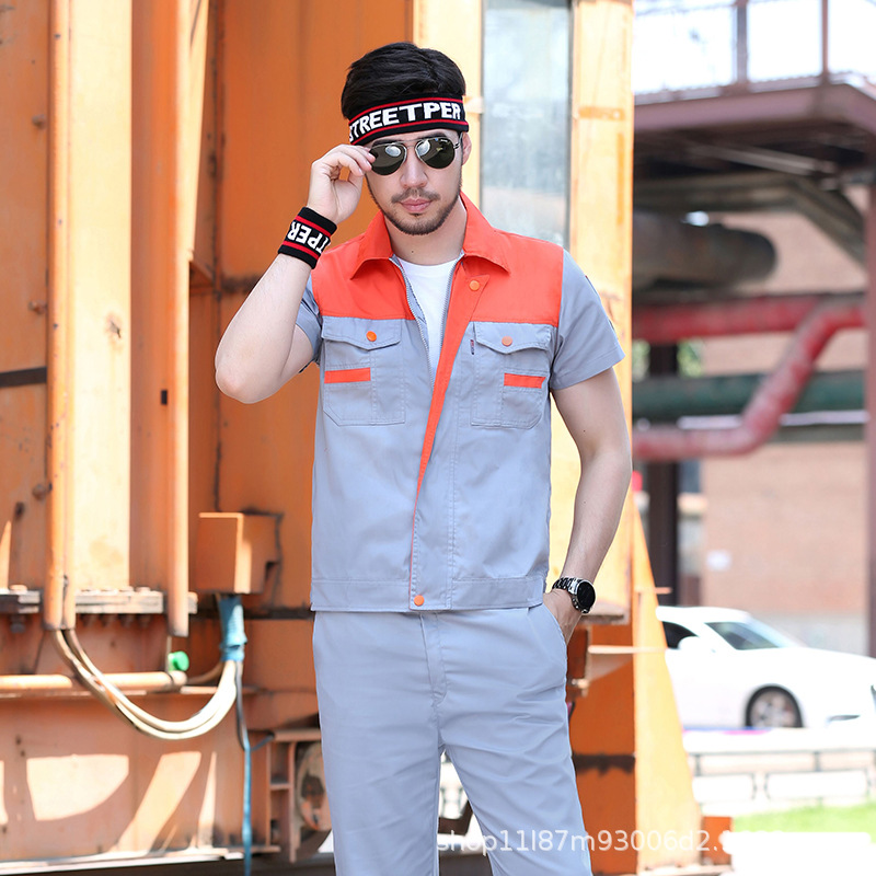 Work clothes short sleeve workshop labor protection clothing industry clothing auto repair machine repair factory clothing site sanitation garden clothing printing word manufacturers details Picture