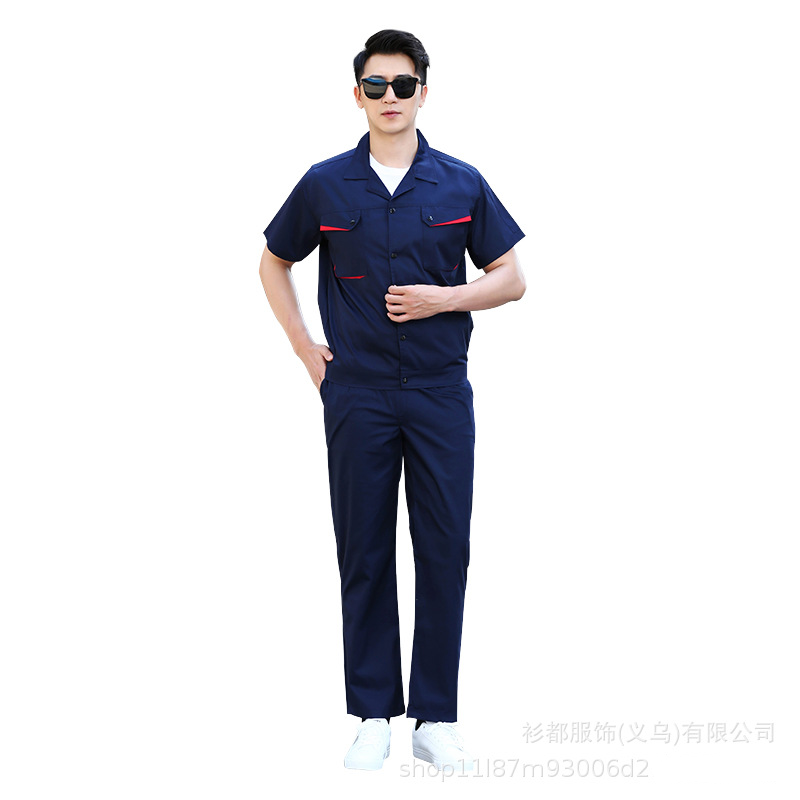 Summer work clothes poly-cotton half-sleeved summer workwear set perspiration absorbent breathable short-sleeved workshop workwear labor protection garment embroidery Item Picture