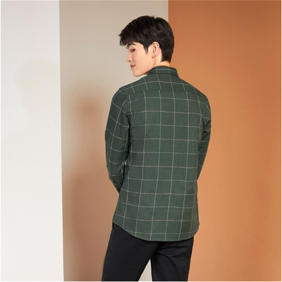 Long Sleeve Shirt Spring Autumn Button-Down Casual Plaid Comfortable Long Lined Dark Green Plaid Shirt 1 Specification drawing