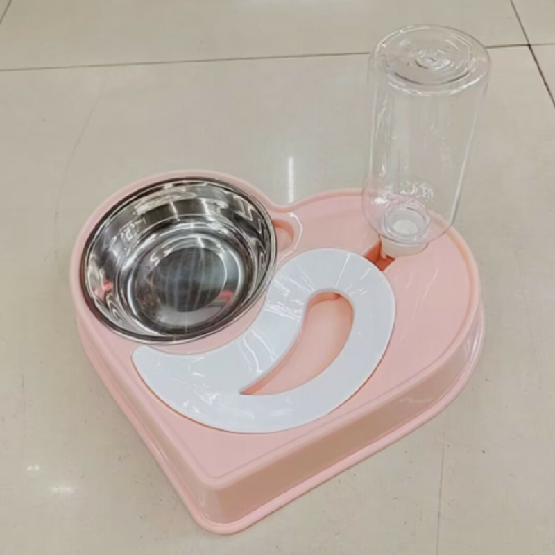 Pet Heart-shaped Feeding and Drinking dual-Use Bowl Cat Double Bowl Dog Bowl Automatic water fountain Feeding bowl