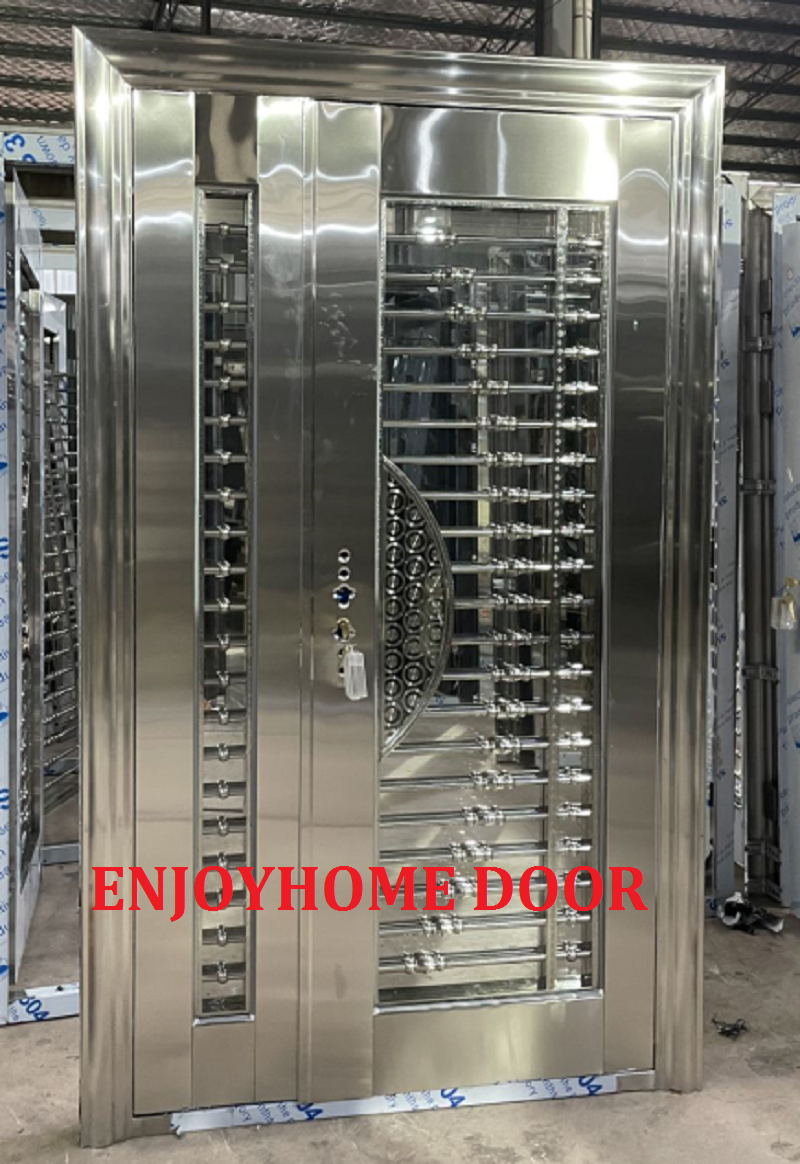 Stainless steel framed glass door in residential setting