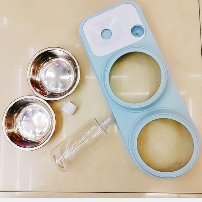 厂家直销宠物喂食碗 双碗护颈饮水喂食两用盆 （2个不锈钢碗+水瓶+彩盒）详情2