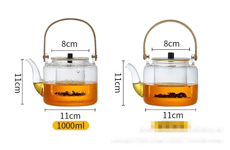 厂家批发扁竹把玻璃提梁壶锤纹大容量玻璃泡茶壶 蒸煮双内胆茶壶 详情7