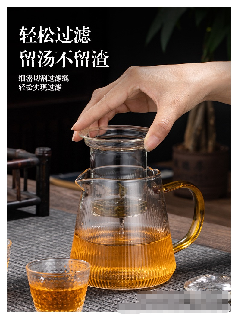 家用透明玻璃花茶壶 家用带盖竖纹玻璃煮茶壶 办公家用绿茶泡茶壶详情3