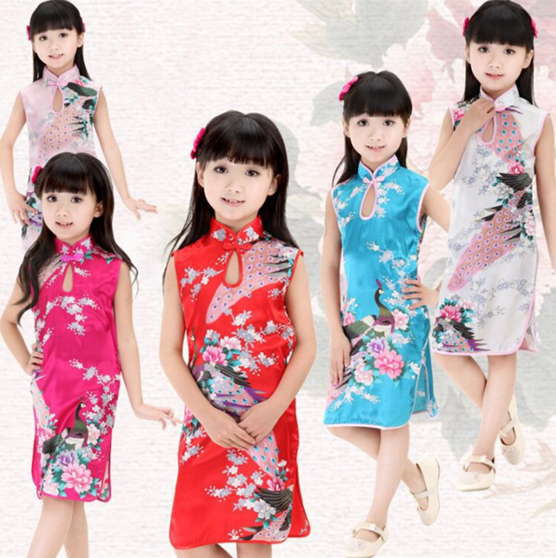 Children Tang Dress Children's Performance Cheongsam Dress Children's 61 Performance Dress Girl Imitation Silk Peacock Small Cheongsam