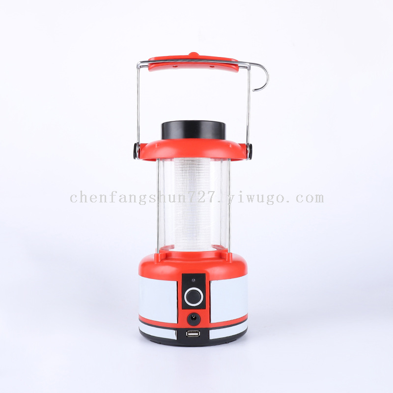 A silver spray-painted 3-watt solar panel with 36 leds and a USB interface, multi-functional camping lamp that can charge mobile phones Application Scenario