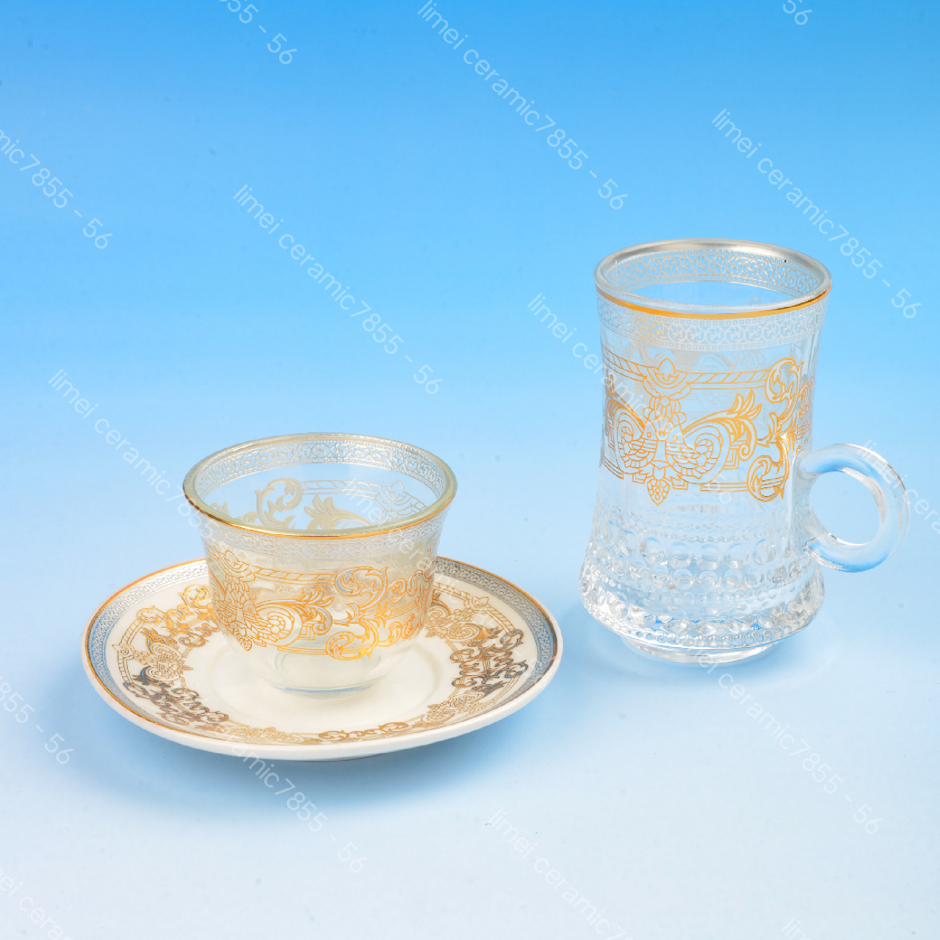 玻璃杯陶瓷碟18头礼盒包装出口中东热卖款红茶咖啡六杯碟手指杯
