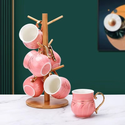 Set Of 6 Afternoon Tea Cups With Rack Coffee Cups Large Capacity Ceramic Cups undefined