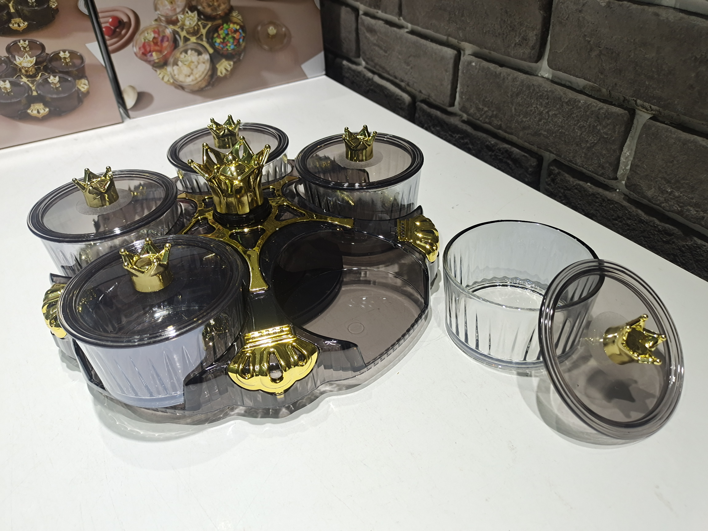 Acrylic Five-Cell Rotating Dried Fruit Box Snack Tray Specification drawing