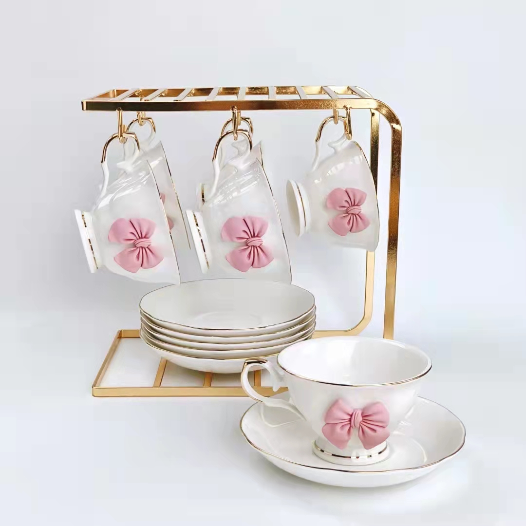 Jingdezhen 6 Cups 6 Saucer Coffee Cup Saucer Set Ceramic Cup With Gold Rack Coffee Cup Foreign Trade Export Cup Saucer Item Picture