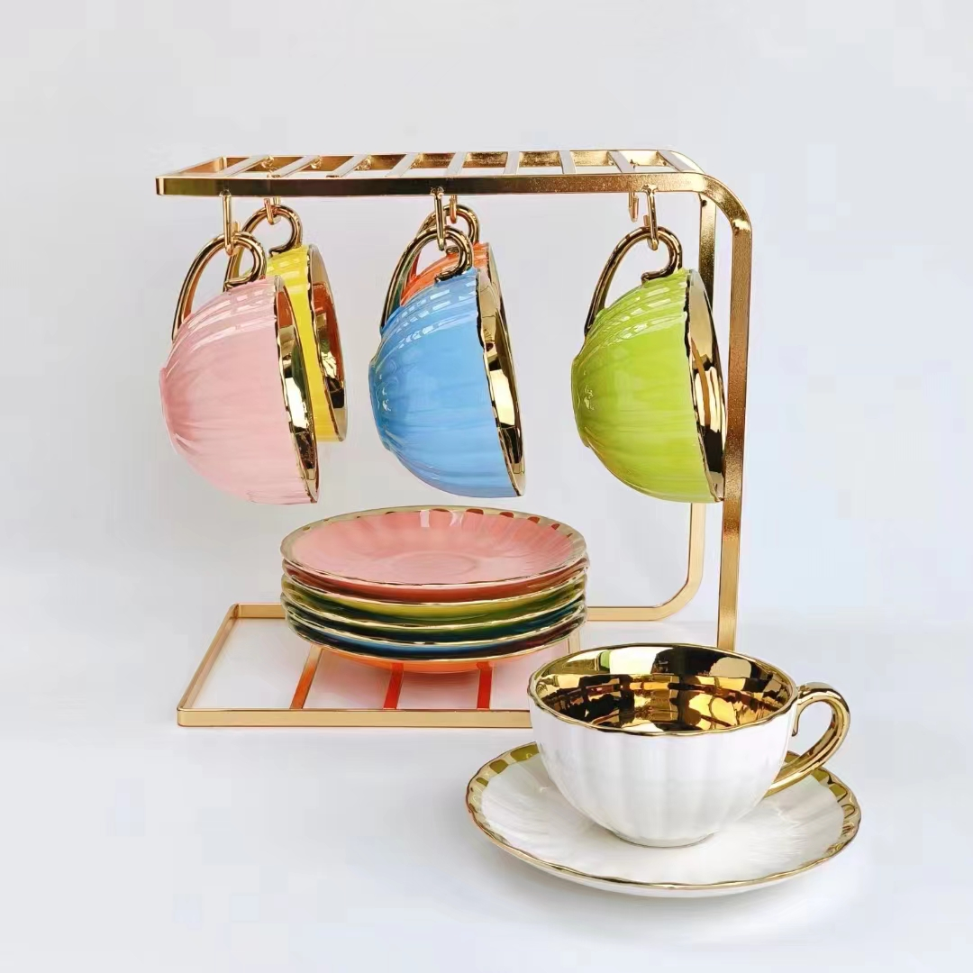 Jingdezhen 6 Cups 6 Saucer Coffee Cup Saucer Set Ceramic Cup With Gold Rack Coffee Cup Foreign Trade Export Cup Saucer