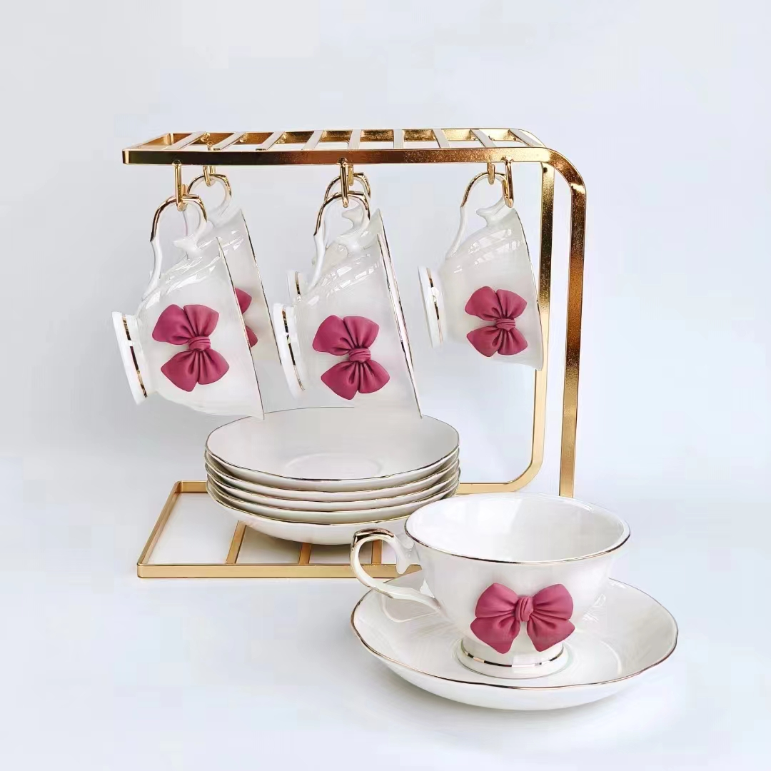 Jingdezhen 6 Cups 6 Saucer Coffee Cup Saucer Set Ceramic Cup With Gold Rack Coffee Cup Foreign Trade Export Cup Saucer Specification drawing
