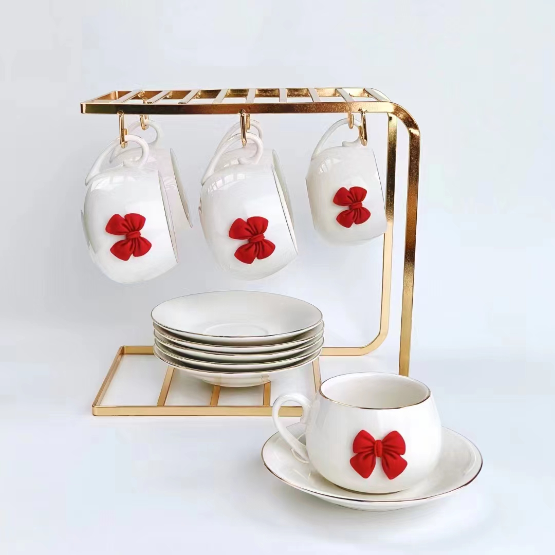 Jingdezhen 6 Cups 6 Saucer Coffee Cup Saucer Set Ceramic Cup With Gold Rack Coffee Cup Foreign Trade Export Cup Saucer details Picture