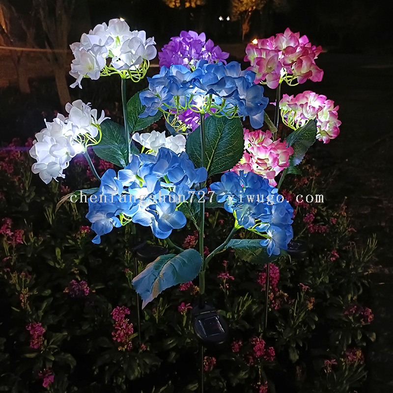 New 3-head solar-powered hydrangea flower lantern outdoor courtyard decoration LED simulation flower lantern Amazon supply