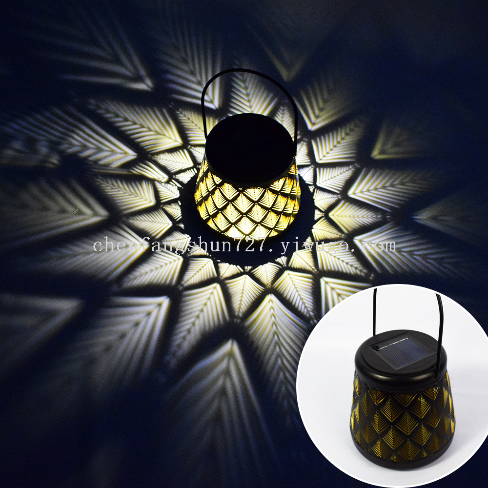 New modern courtyard ground insert lawn lamp, decorative ironwork hollowed-out solar lantern, iron can projection hanging lamp details Picture