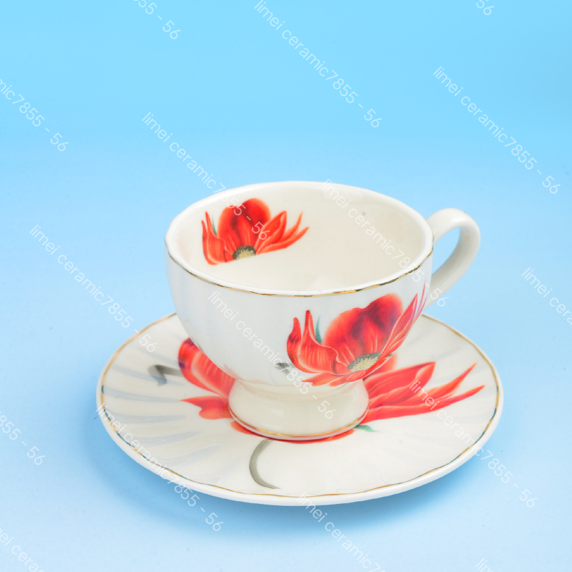Ceramic six-cup and saucer gift box packaging, a best-selling coffee cup and saucer with flower decals for export to the Middle East details Picture