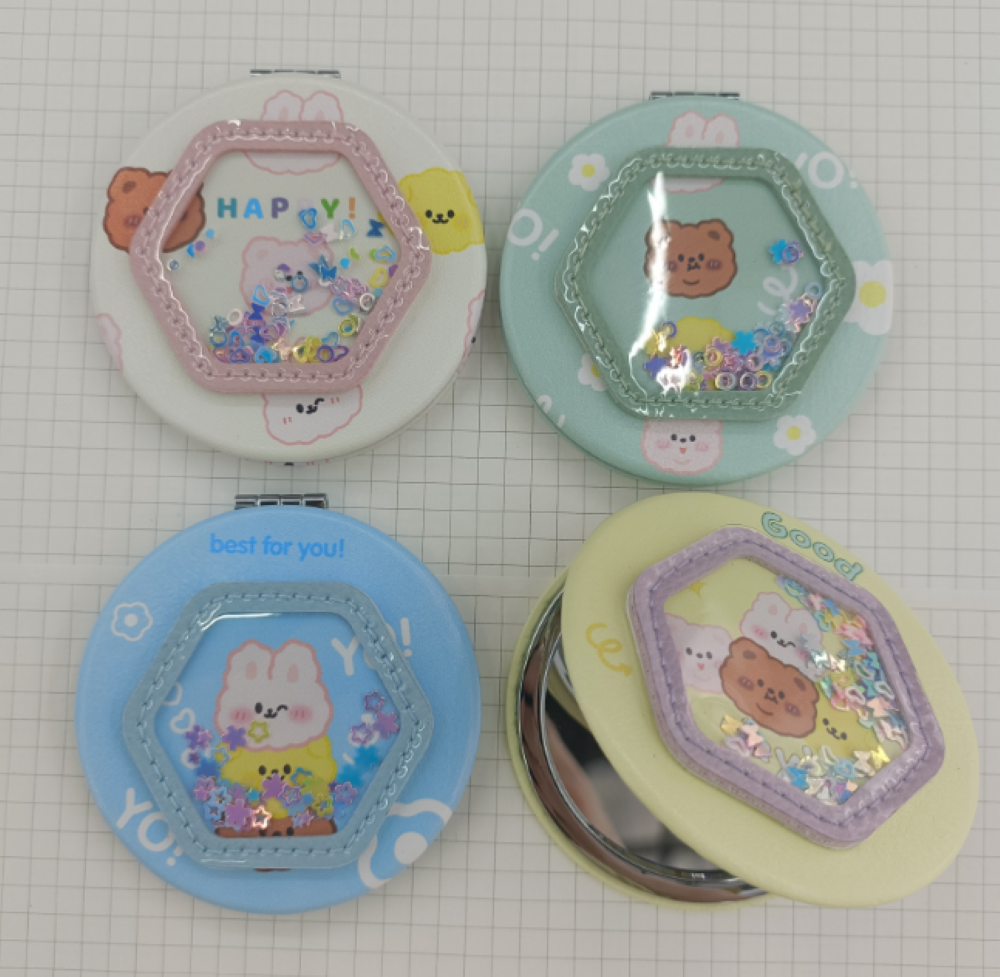 卡通化妆双面镜  车缝亮片镜  