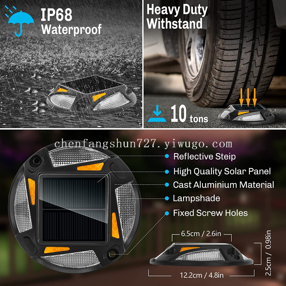 Solar deck light, cast aluminum road spike light, extended waterproof, four-sided light-emitting sunlight, engineering-grade reflective model Item Picture