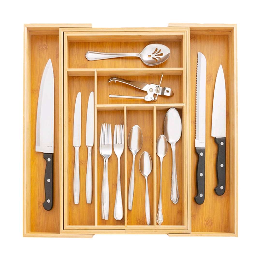 Bamboo Knife And Fork Stretching Sorting Storage Box Wholesale Bamboo Knife Storage Box Kitchen Drawer Organizing Cutlery Box