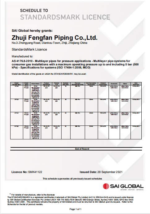Zhuji Fengfan Pipe Industry Co., LTD qualification pic - 1