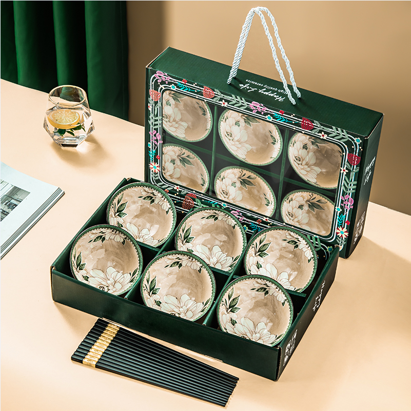 Camellia gift bowl set, Great Luck and Prosperity Ceramic tableware gift box set, opening ceremony gift and souvenir bowl and chopsticks, Golden Castle vase details Picture