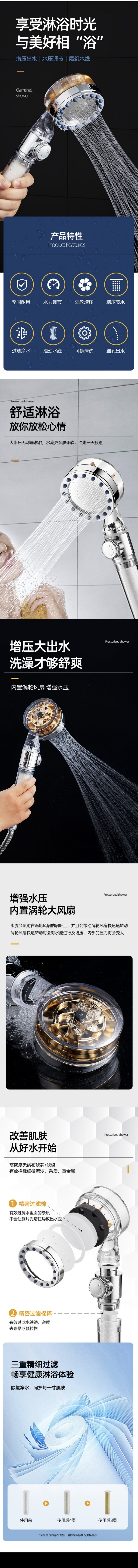 网红小蛮腰花洒涡轮增压花洒卫生间浴室淋浴头多色花洒螺旋桨花洒详情1