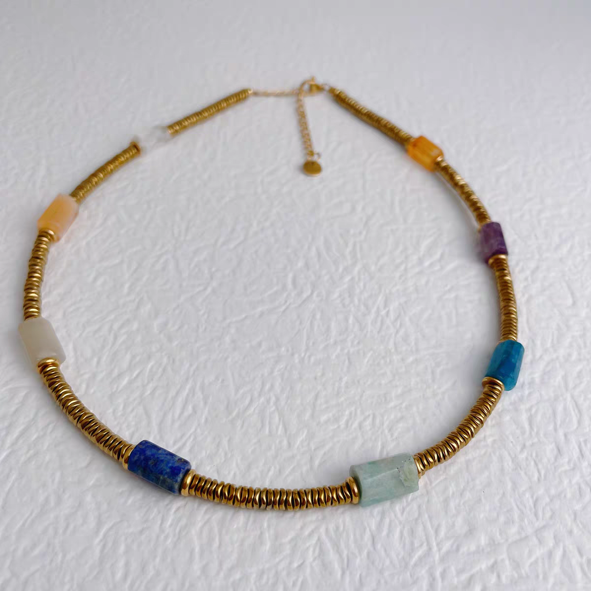 彩色天然石拼接复古质感金圆片高级项链波西米亚详情图4