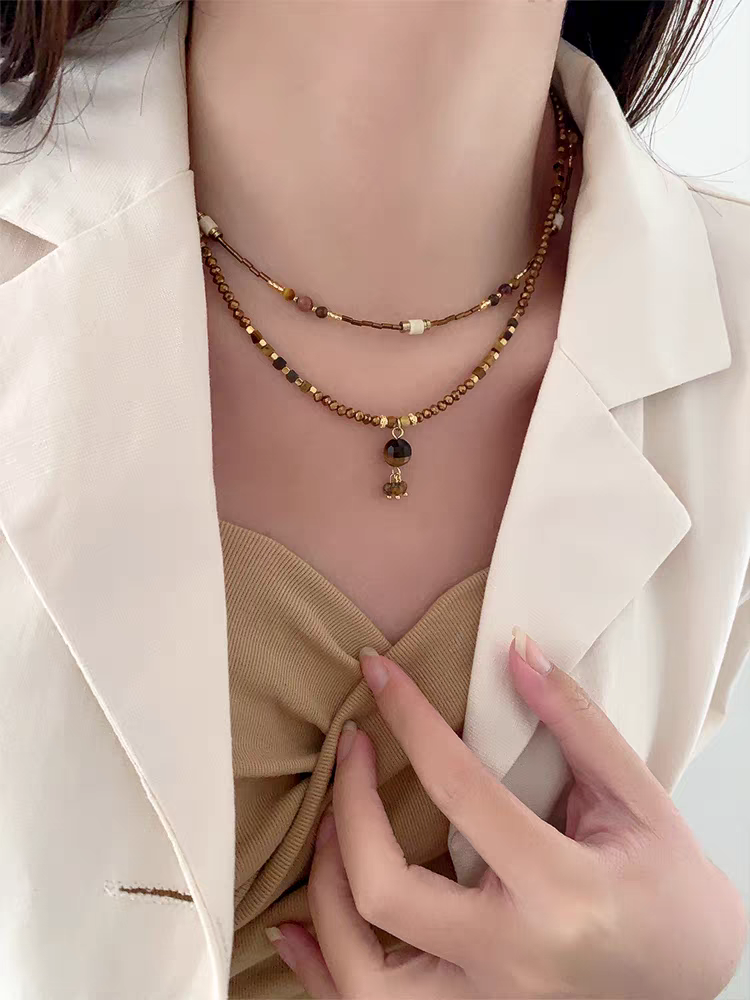 虎眼石项链2023新款爆款美拉德穿搭毛衣链女欧美高级感串珠锁骨链