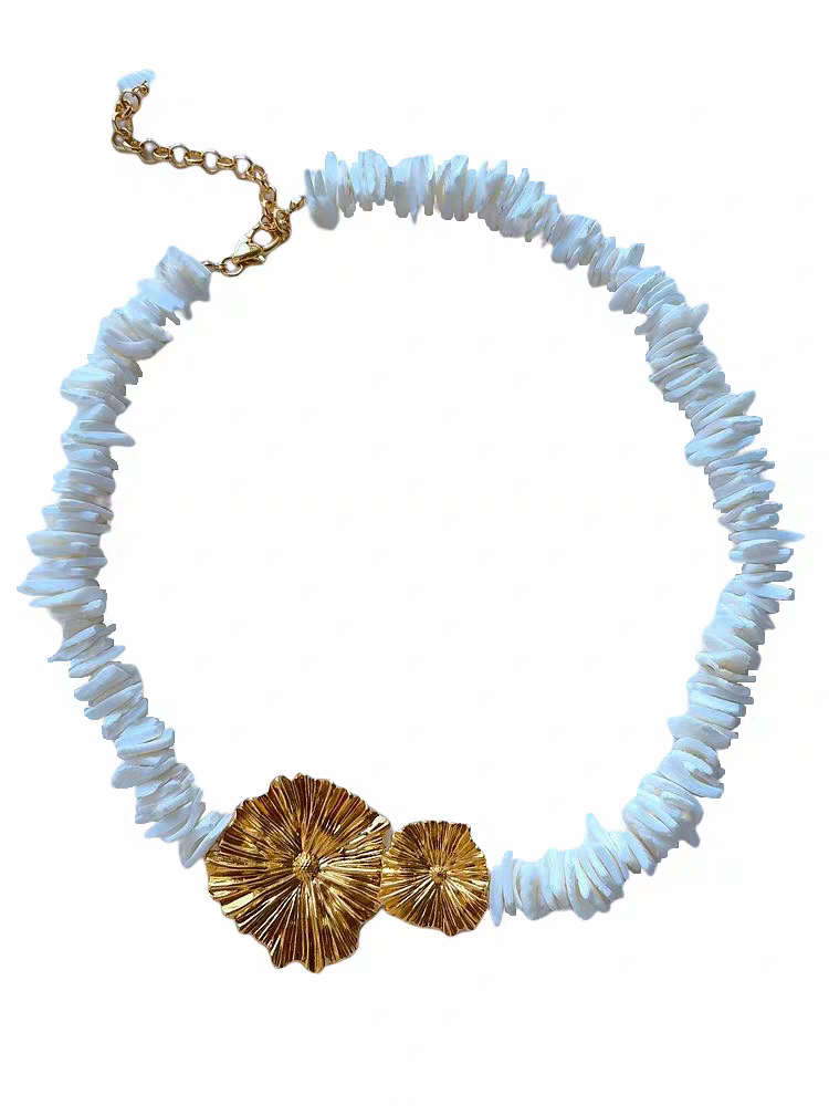 欧美小众轻奢设计款不规则天然贝壳雏菊项链高级感花朵镀金锁骨链 原创重工手作详情图4