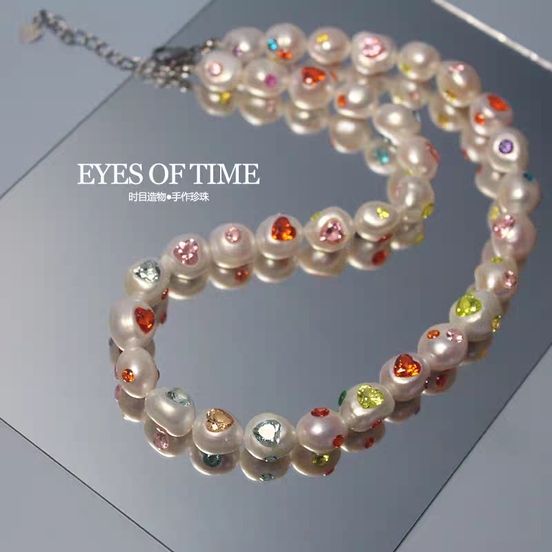 天然淡水珍珠镶心形钻大尺寸巴洛克重工少女风彩虹系项链 夏日风情 度假风
