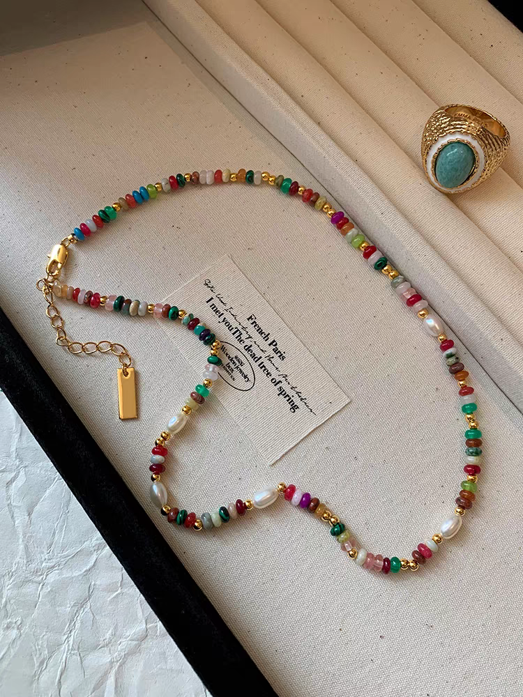 天然石淡水珍珠彩色琉璃串珠项链女轻奢小众独特多巴胺高端毛衣链 原创手作重工详情图2