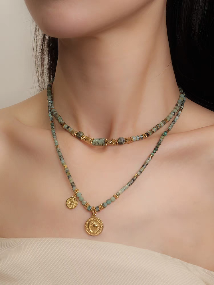 设计师款天然石衣服配饰高级感绿色双链项链礼物女生百搭 重工手作详情图2