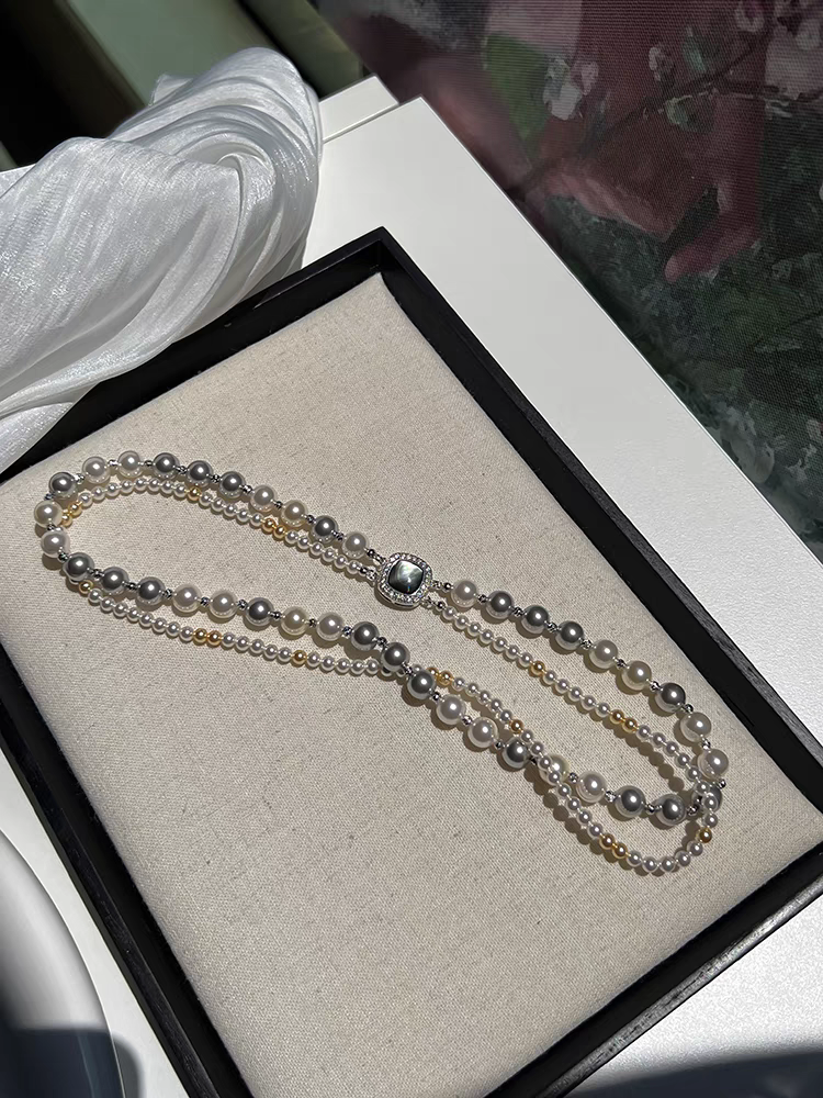  原创轻奢高级混彩高品质珍珠双层项链小众一款两戴毛衣链 高级感重工手作详情图2