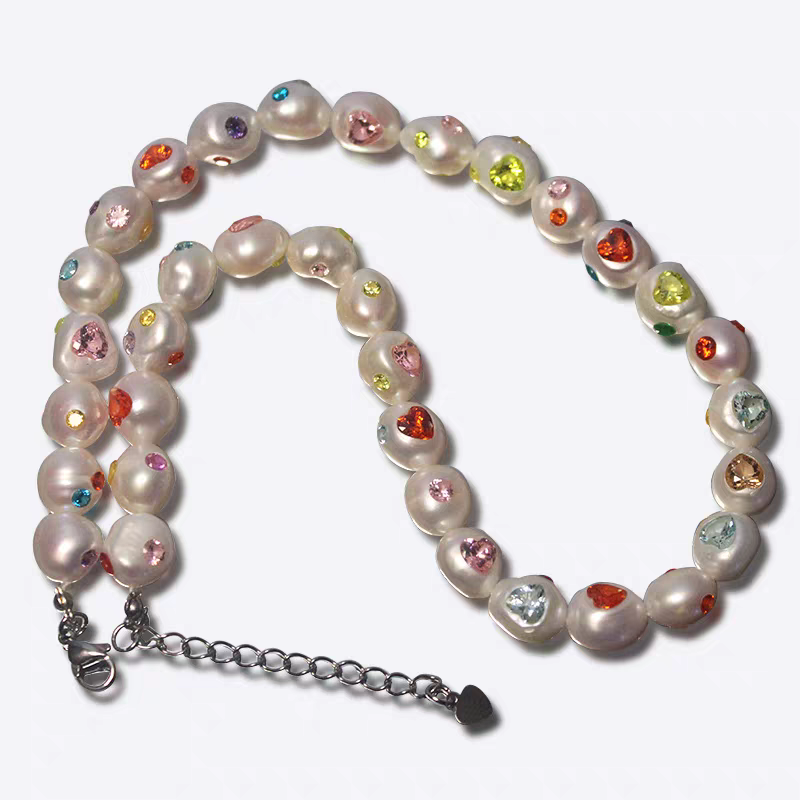 天然淡水珍珠镶心形钻大尺寸巴洛克重工少女风彩虹系项链 夏日风情 度假风详情图3