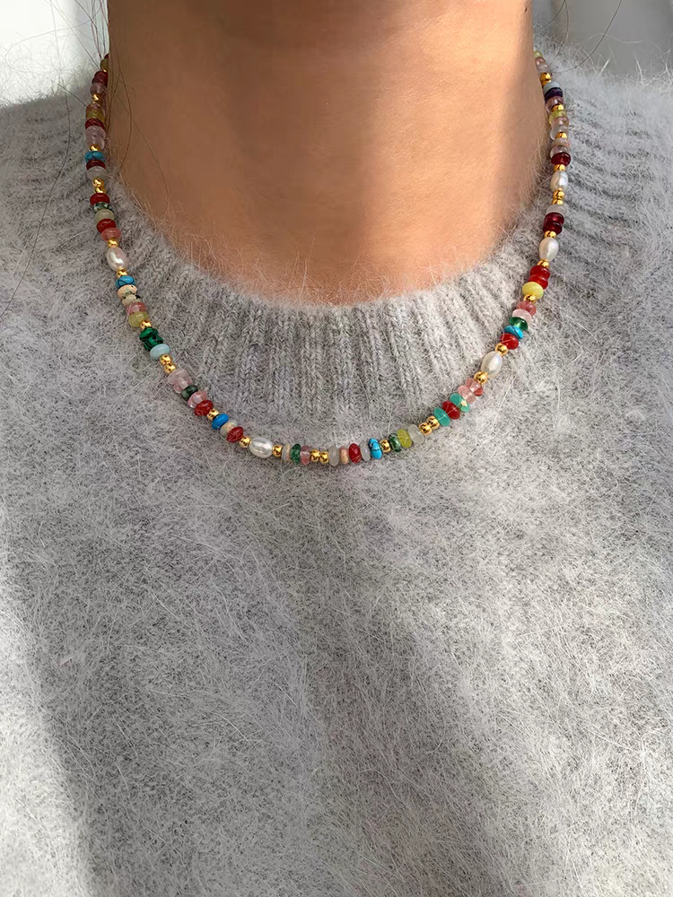 天然石淡水珍珠彩色琉璃串珠项链女轻奢小众独特多巴胺高端毛衣链 原创手作重工详情图3
