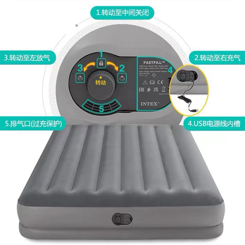 INTEX64114灰色USB内置电泵双人线拉空气床植绒充气床垫批发详情图5