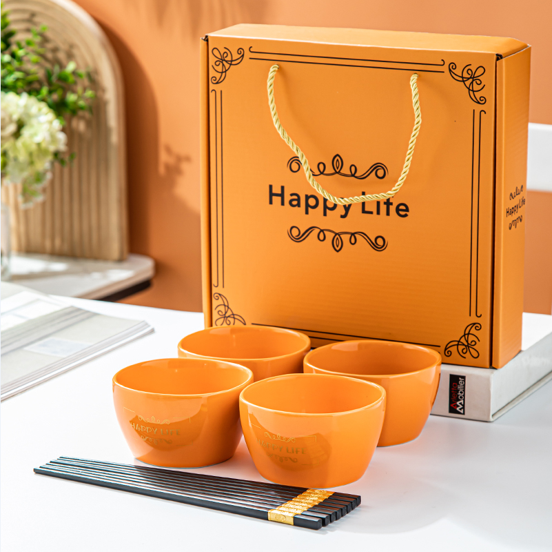 Orange bowl and chopstick set, ceramic tableware set, bowl gift box, small gift promotion, souvenir gift with a carrying rope, gift golden castle vase Item Picture