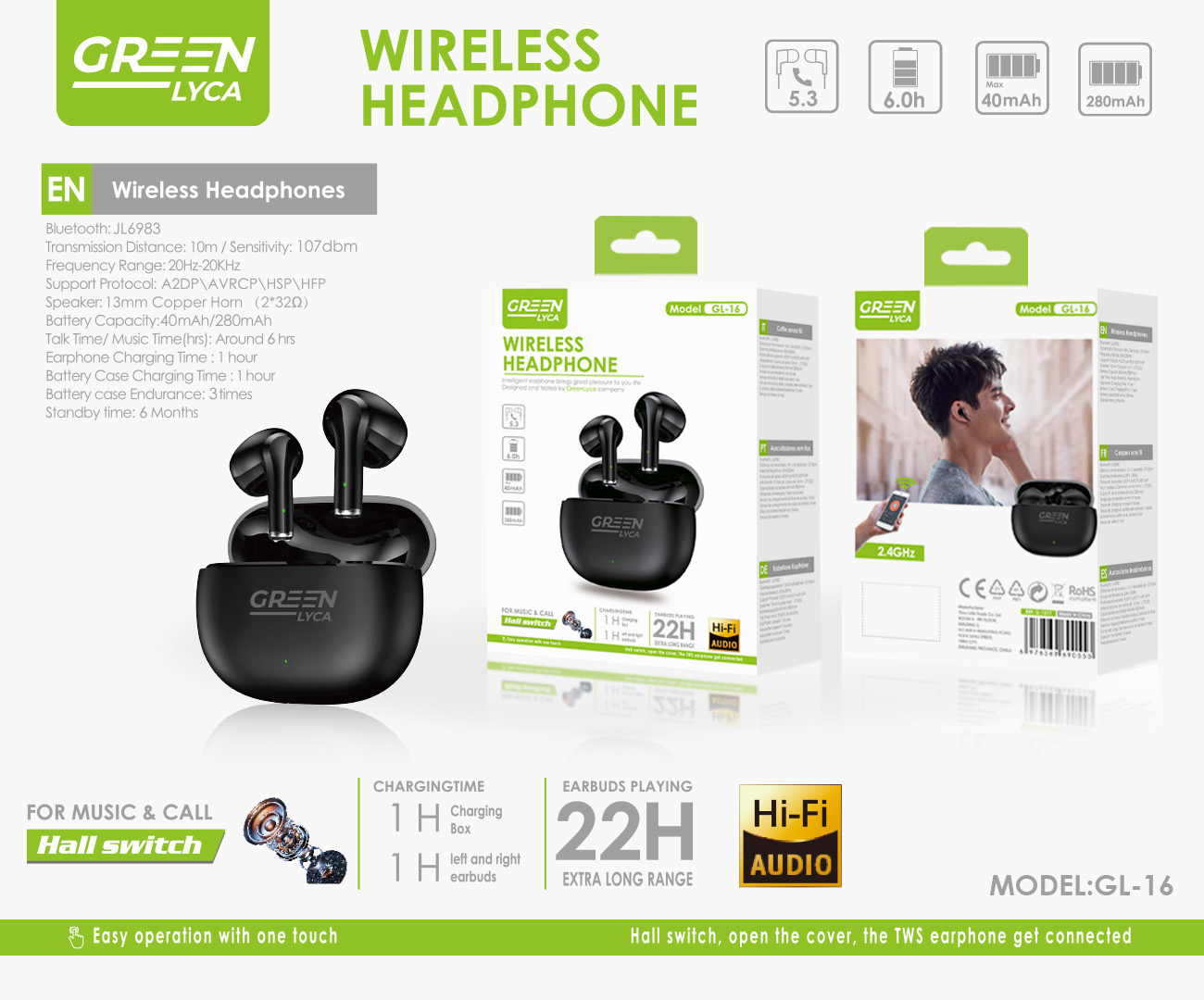 Наушники green линн GL-16 bluetooth details Picture