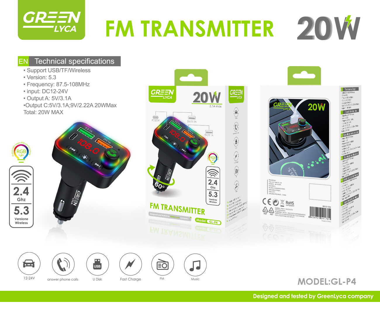 Green Lin P4 Multi-functional Car Charger