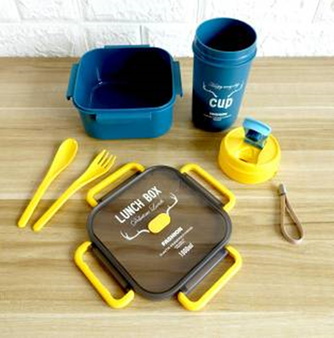 密封饭盒随行杯套装 1L正方形单层带格子密封饭盒 双层密封饭盒 500ml八角随行杯圆形随行杯PP竹盖储物罐白底实物图