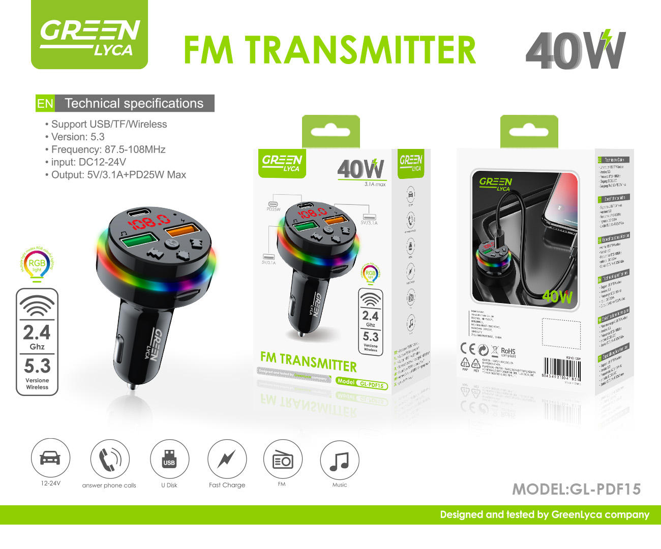 Greenline PDF15 cargador de coche multifuncional