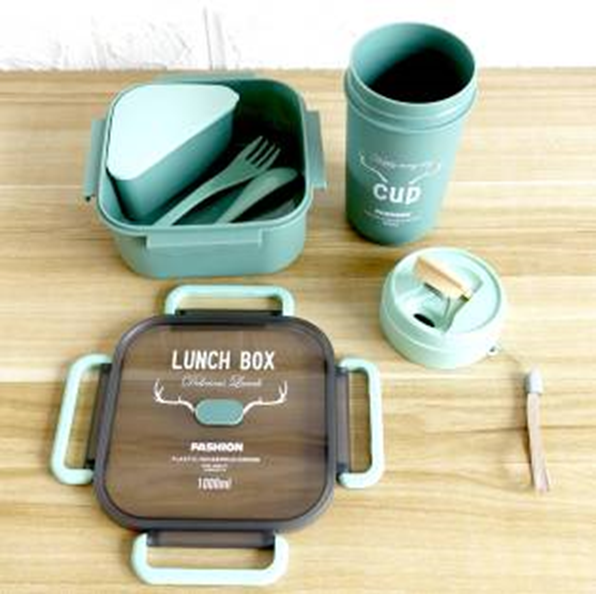 密封饭盒随行杯套装 1L正方形单层带格子密封饭盒 双层密封饭盒 500ml八角随行杯圆形随行杯PP竹盖储物罐