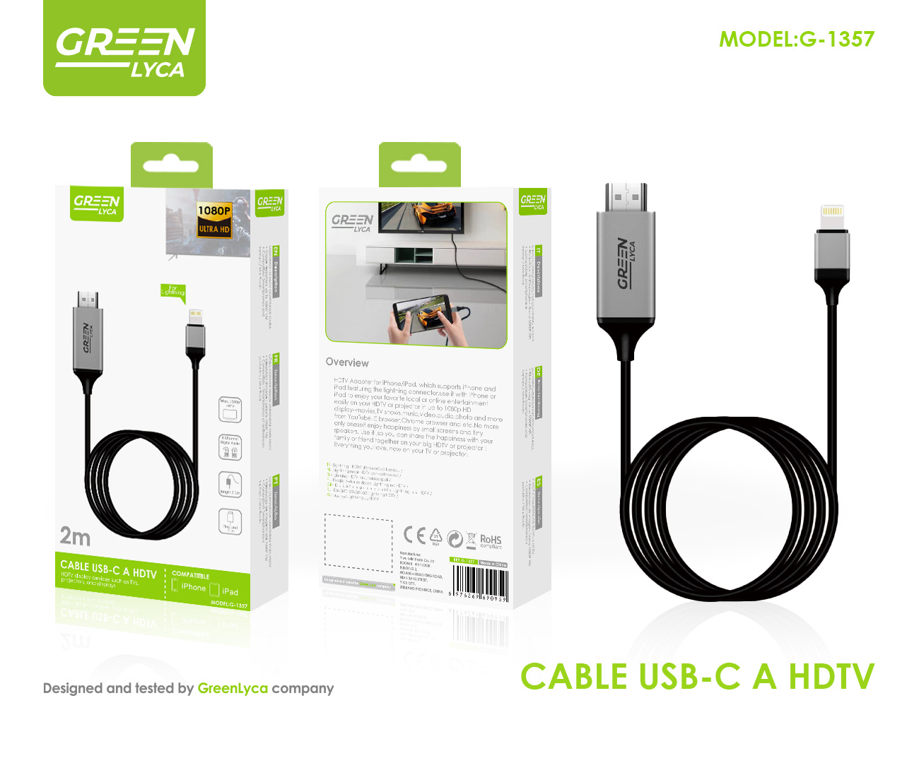绿琳  P8单支。苹果转HDMI 免供电  2m