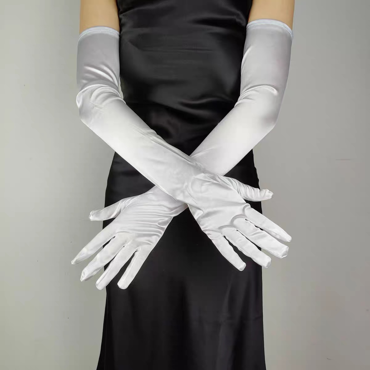 Summer Color Cloth Women's Gloves Riding Driving Sun Protection Uv Work Extended Etiquette Black White 55Cm undefined