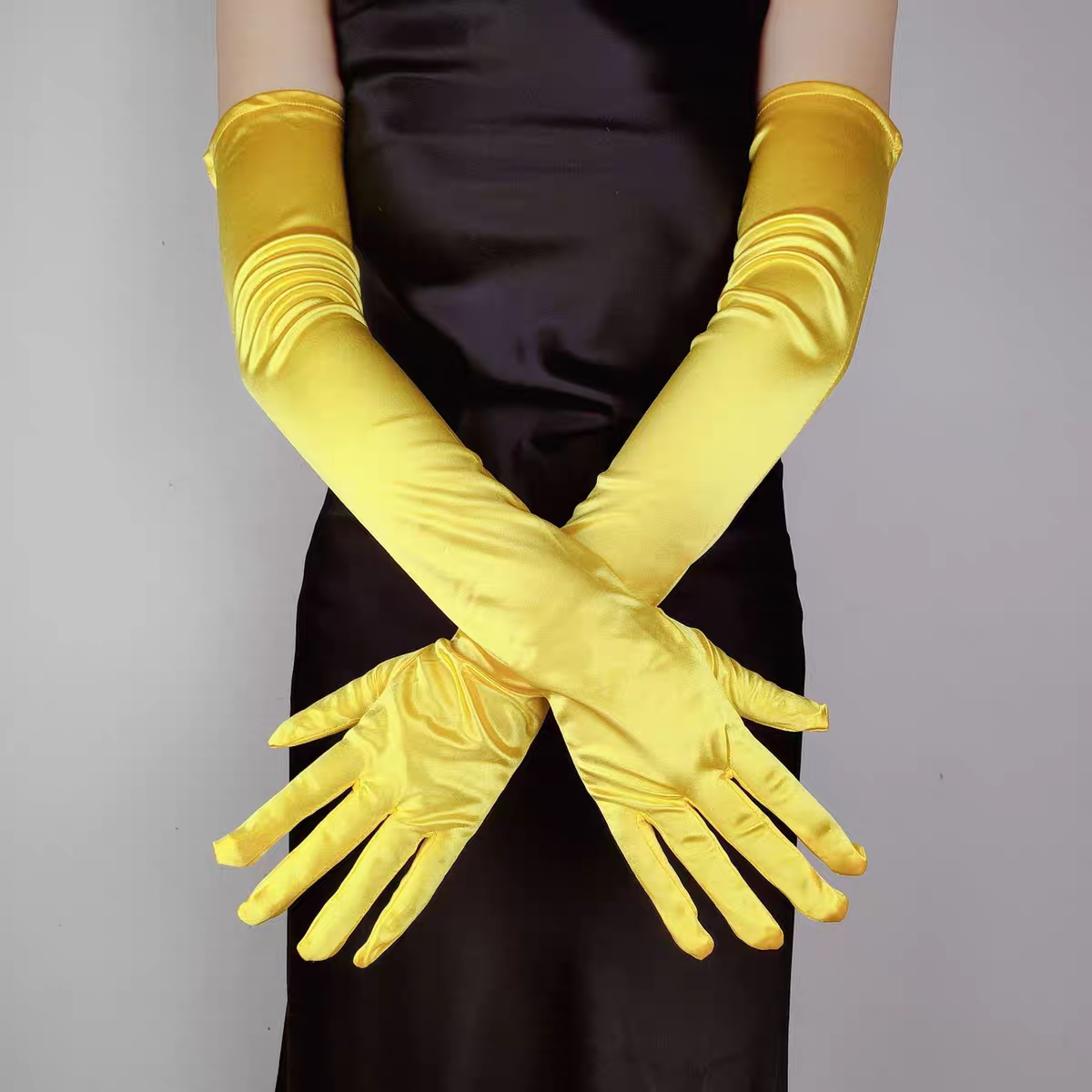 Summer Color Cloth Women's Gloves Riding Driving Sun Protection Uv Work Extended Etiquette Black White 55Cm Item Picture
