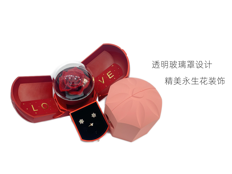 奇韵首饰包装双开天使翅膀永生花求婚戒指玫瑰花盒抽屉高档红色首饰盒详情9