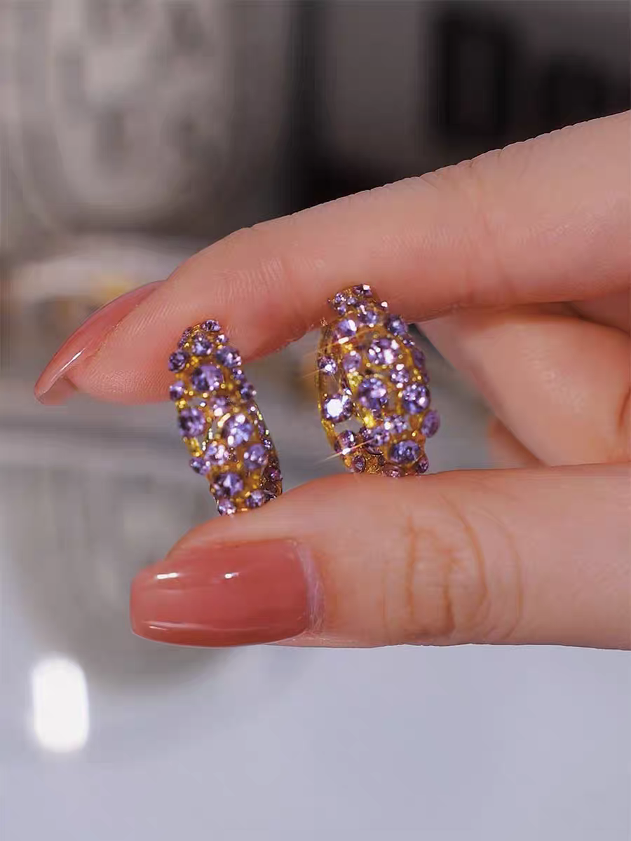 紫色满钻锆石耳环女2024新款爆款耳圈小众独特时尚耳钉轻奢高级感饰品配件