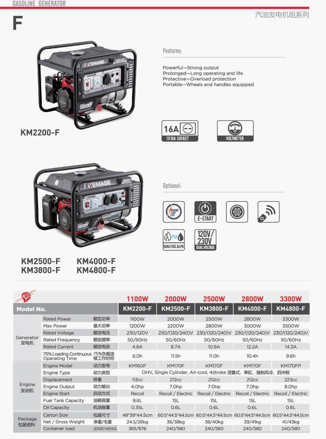 KEMAGE 科马 F款开架传统发电机 KM2200F 1.1 KW